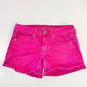 American Eagle Hot Pink Fuchsia Stretch Denim Jean Midi Cutoff Shorts